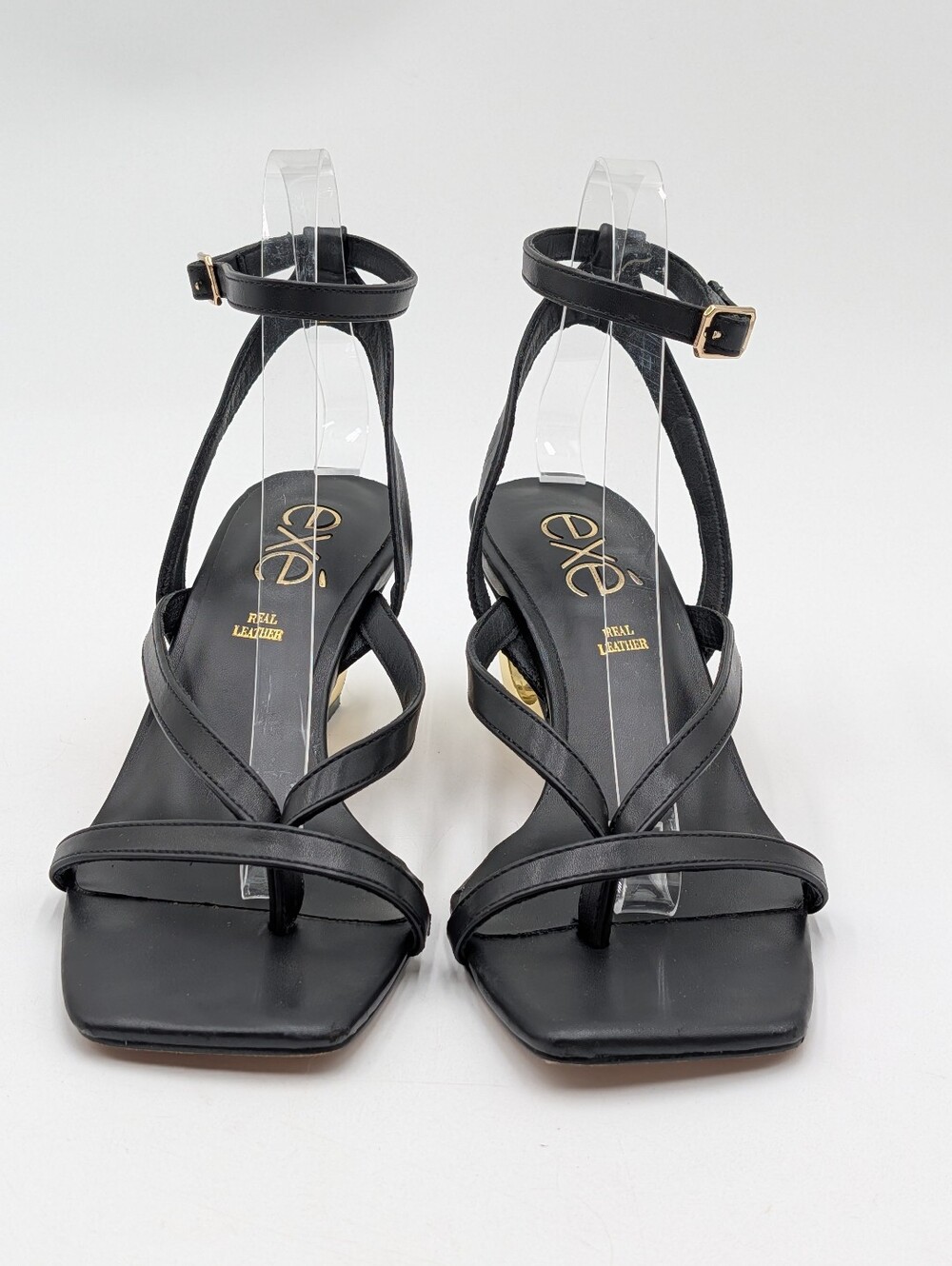EXÉ Size 39 US 8 Genuine Black Leather With Gold-Tone Ring Heel Strappy Sandals - Picture 11 of 17